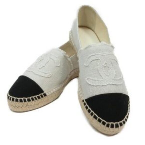 Authentic Womens Chanel Rev Coco Beige Black Linen Flat Espadrille Shoes 38 US/8 - Picture 2 of 14